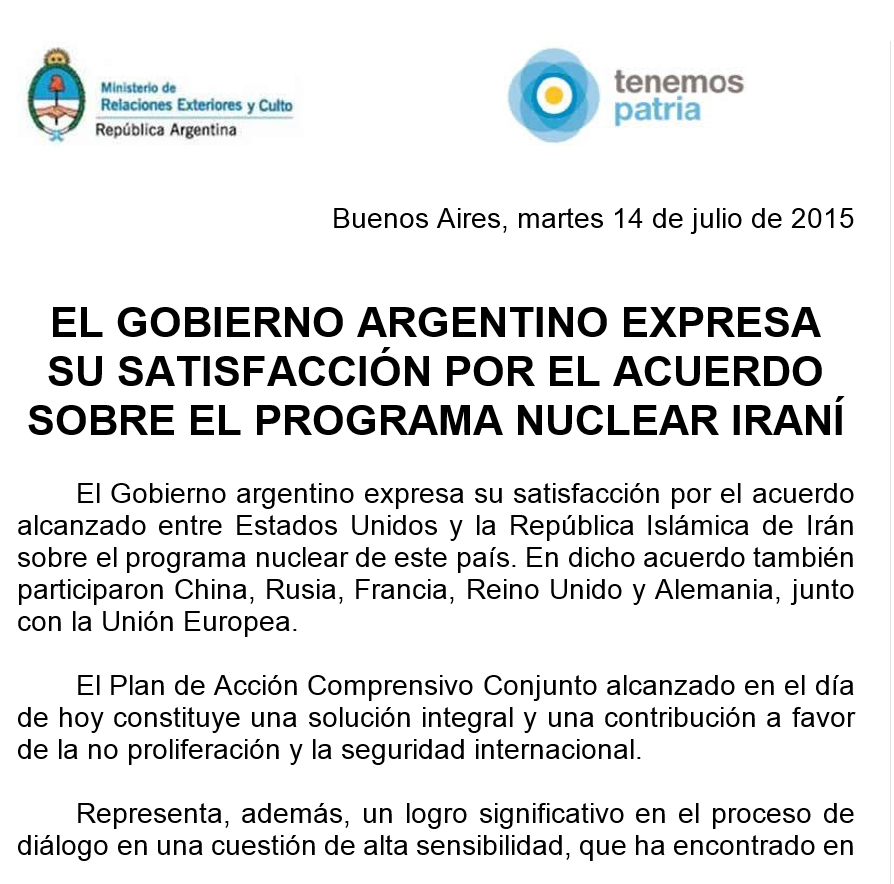 El Gobierno argentino expresa su satisfacción por el acuerdo sobre el programa nuclear iraní.